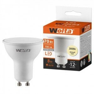 Светодиодная LED лампа Wolta лампа GU10 8W(700lm) 3000K 2K матов 54x50 25YPAR16-230-8GU10 (упаковка 12 штук)