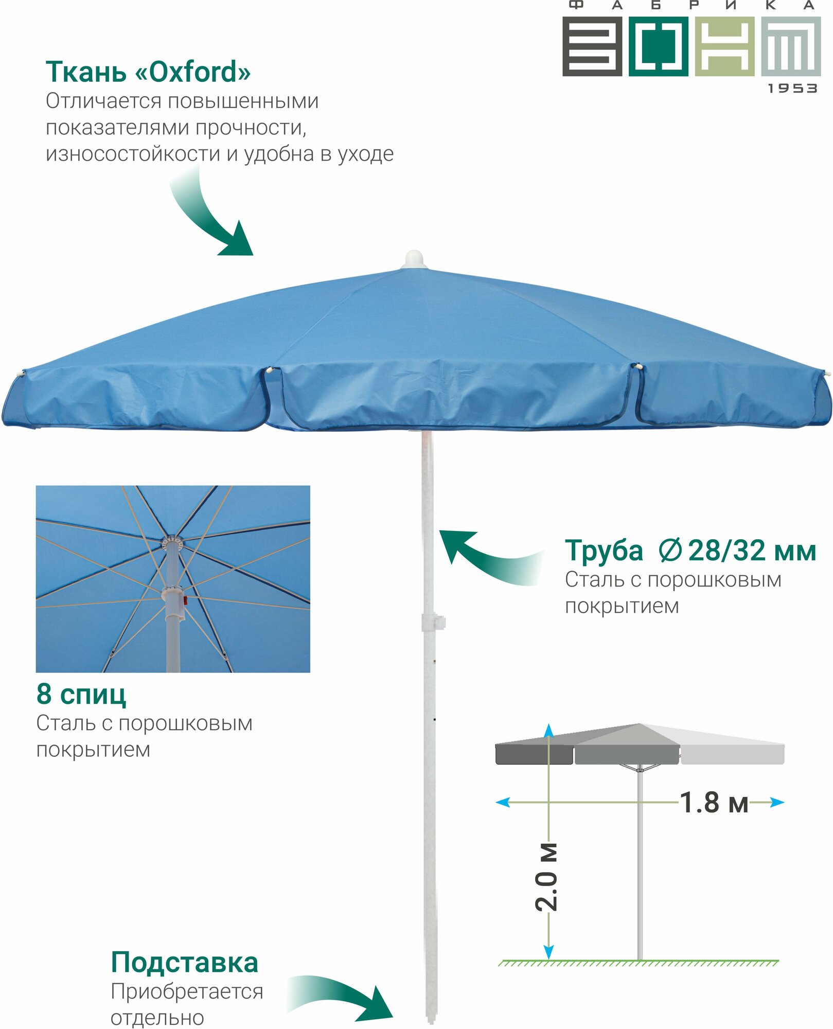 Зонт пляжный "викэнд 32" , d 1,8 м. (диаметр купола), высота 2 м, с регулировкой высоты, оксфорд 200d, голубой / для сада