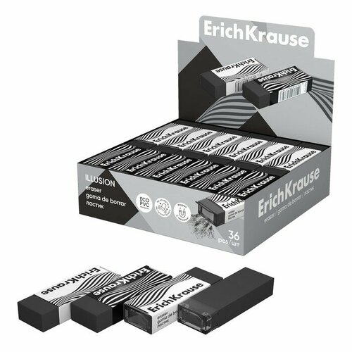 Ластик ErichKrause Illusion, 56 х 20 х 11 мм, эко-ПВХ, черный (комплект из 36 шт) ластик blink 66 х 18 х 6 мм эко пвх микс 36 шт