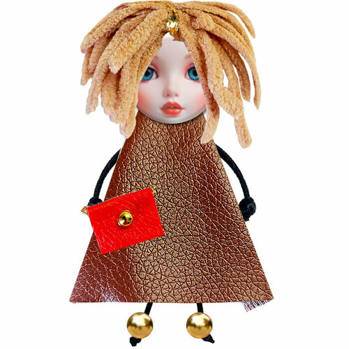 фото Брошь фартоvый брошь кукла ручной работы с волосами, сумочкой и бижутерией, коричневый