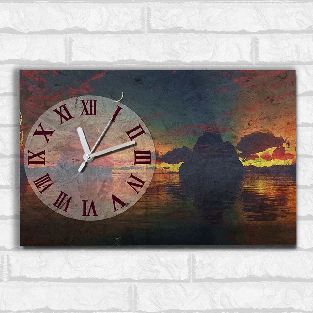 Настенные бесшумные часы ОСБ со смещенным циферблатом пейзаж Скалы (Планета, Закат, милота, Подарок для мамы, бабушки сестры, подруге) - 887