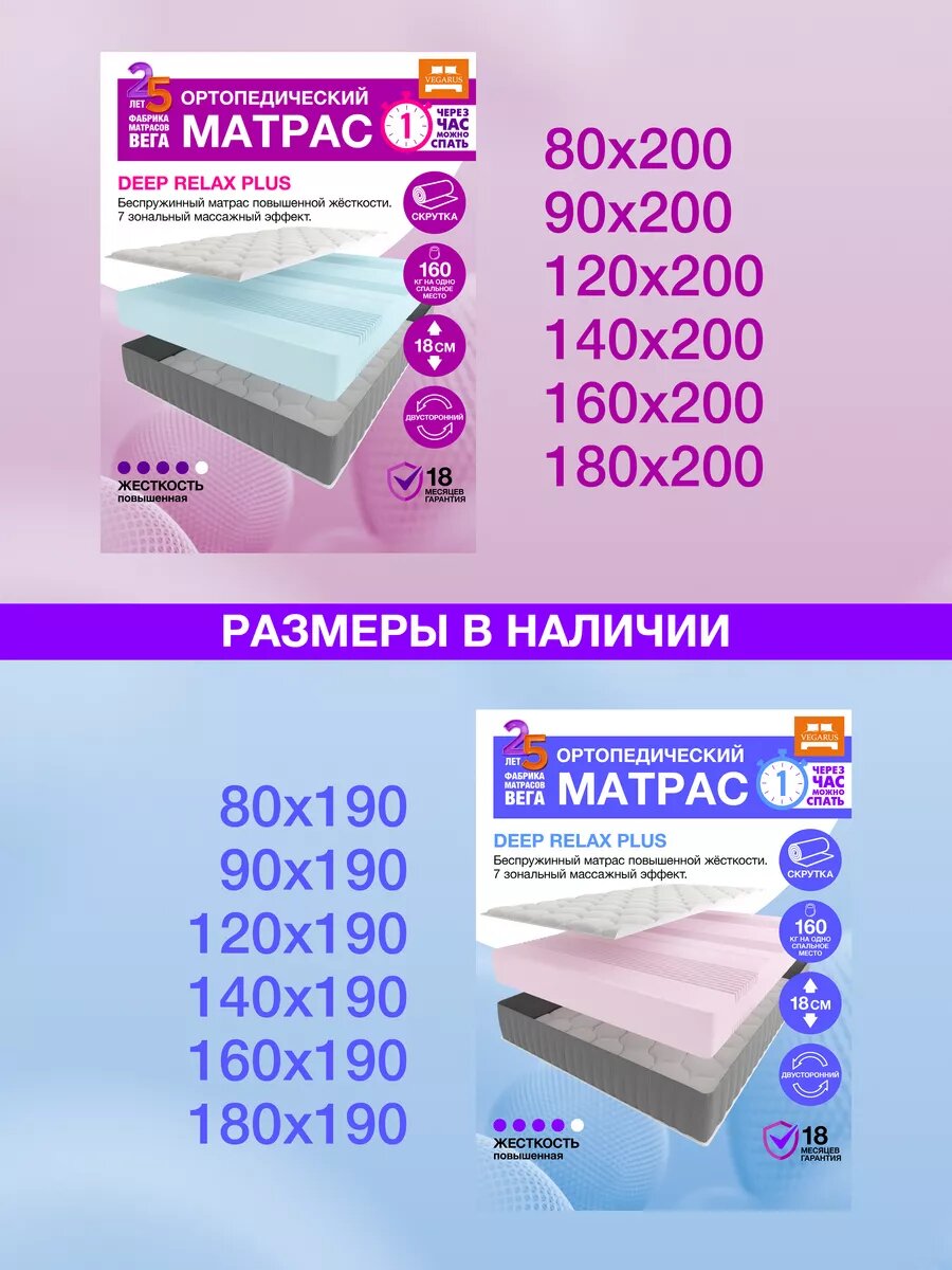 Матрас 90×200 на кровать, беспружинный, ортопедический, Deep Relax Plus — фото 1