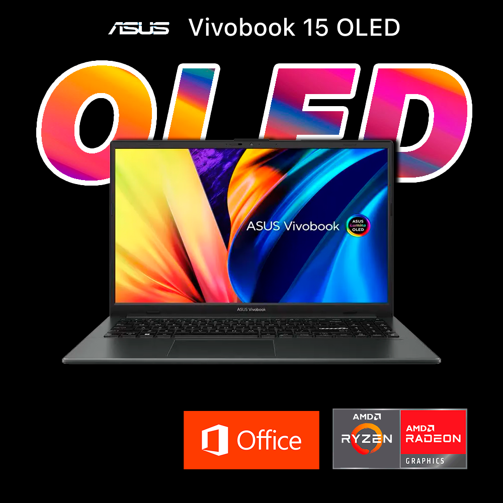Ноутбук ASUS Vivobook OLED,15.6", AMD Ryzen 5 7520U, 16ГБ, 512ГБ, AMD Radeon 610M, Win11Pro, Черный, Рус. раскладка