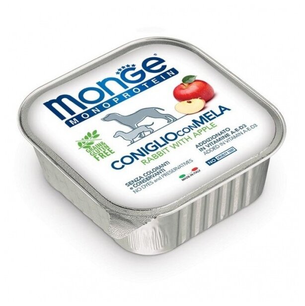 Влажный корм для собак Monge Dog Monoprotein CONIGLIO con MELA, беззерновой, кролик, с яблоком, 2 шт. х 150 г