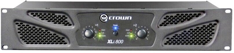 Crown XLi800 усилитель 2-канальный. Мощность (на канал): 300Вт 4Ом, 200Вт 8Ом. Мост: 600Вт 8Ом. Входы: XLR, RCA. Выходы: Speakon NL4, винтовой зажим.