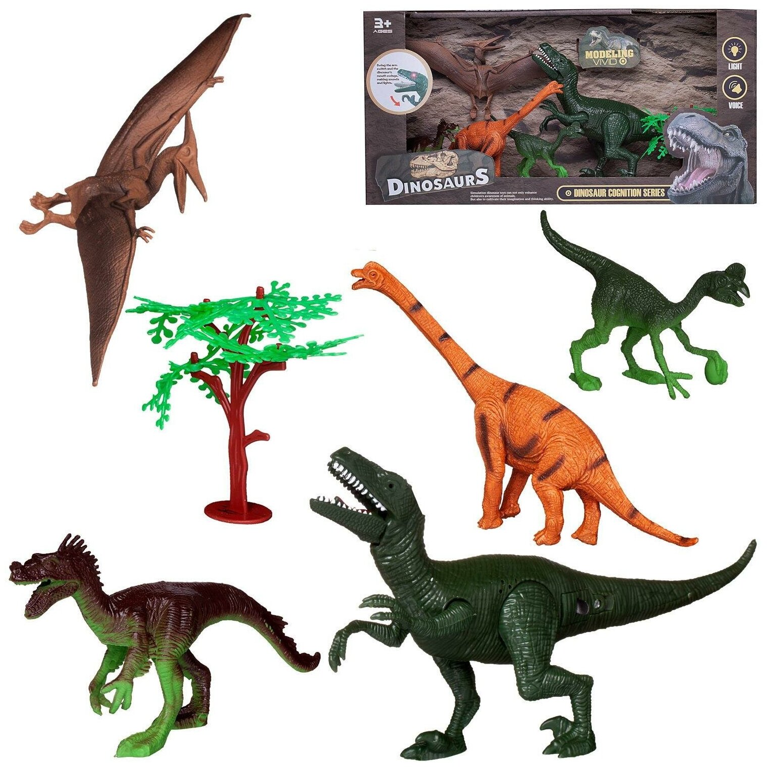 Игровой набор Junfa Динозавры (большой зеленый динозавр, 4 динозавра, детали для сборки динозавра, пальма) свет, звук WA-19274
