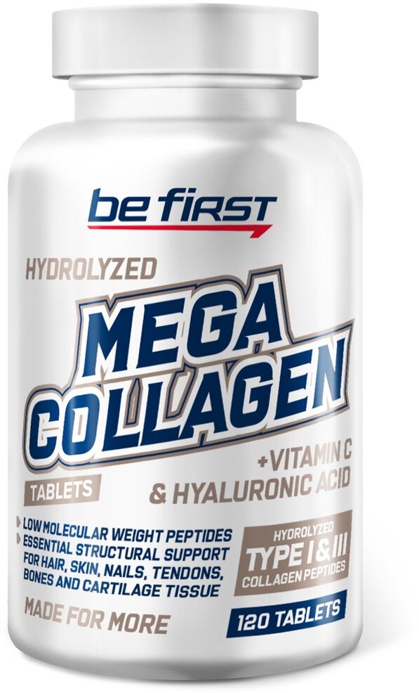 Препарат для укрепления связок и суставов Be First Mega Collagen + hyaluronic acid + vitamin C (коллаген с витамином С и гиалуроновой кислотой), 120 шт.