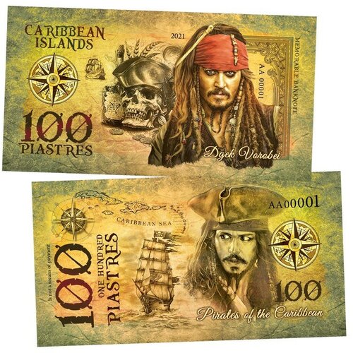 100 piastres (пиастр) — Джек Воробей (Pirates of the Caribbean. Caribbean Islands). Памятная банкнота. UNC джек воробей jack sparrow pirates of caribbean sea фиугрка