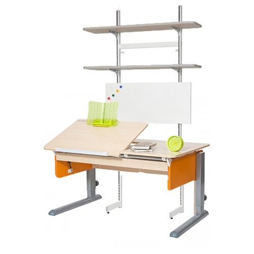 фото Стол детский астек-элара лидер с ящиком и стеллажом береза/оранжевый/серый