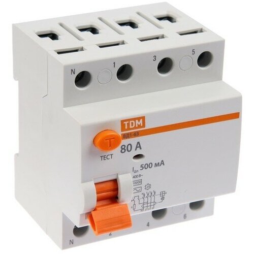 TDM ELECTRIC УЗО TDM ВД1-63, 4п, 80 А, 500мА, SQ0203-0101 tdm electric узо tdm вд1 63 2п 100 а 500ма sq0203 0102