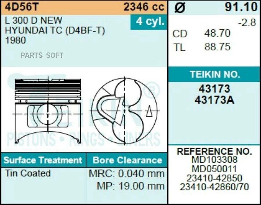 Поршни (К-Т 4 Шт) Mitsubishi 4D56 Delica/Pajero 91-95 TEIKIN арт. 43173 STD