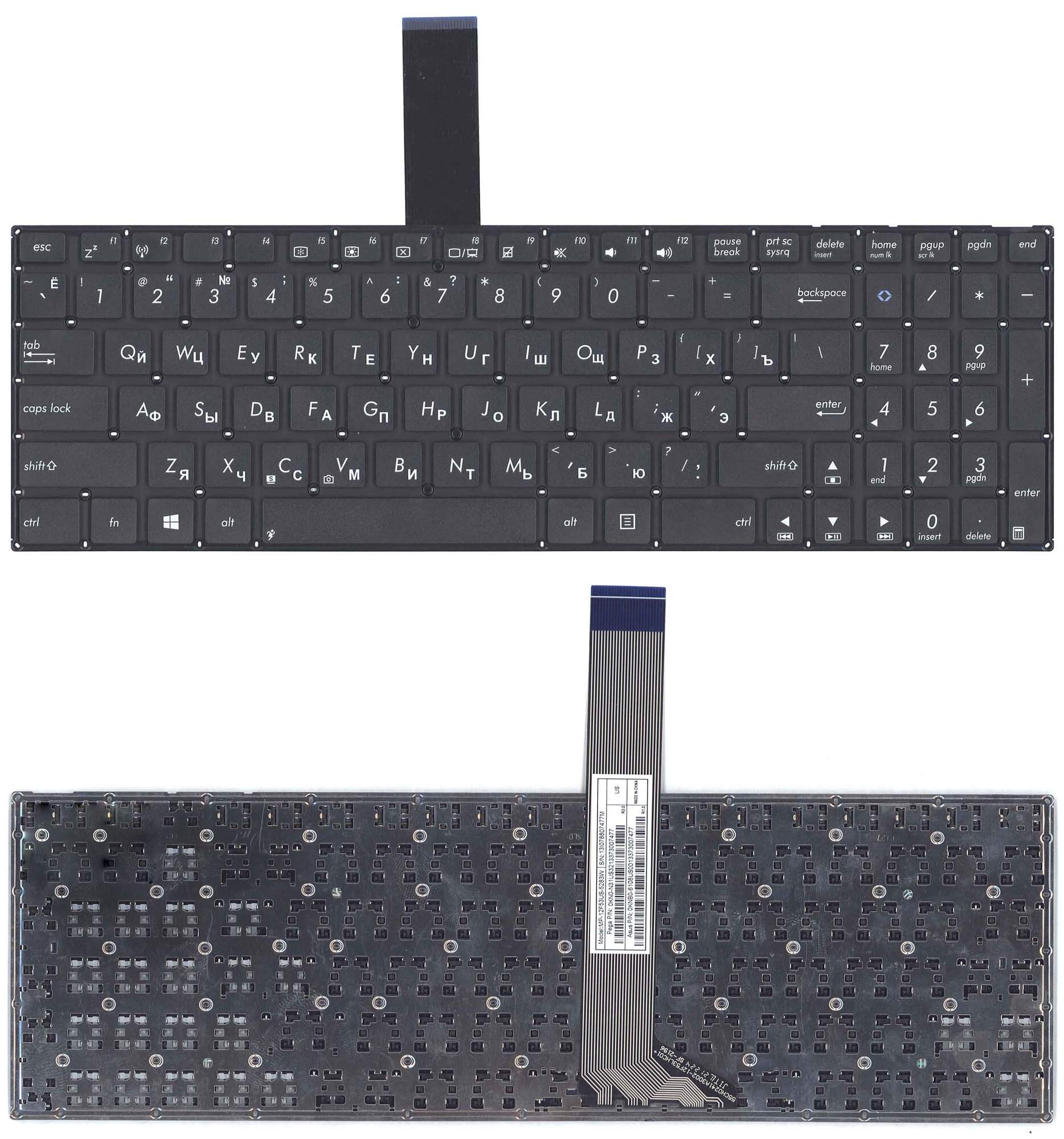 Клавиатура для ноутбука Asus K56 черная без рамки плоский Enter контакты расположены с лицевой стороны