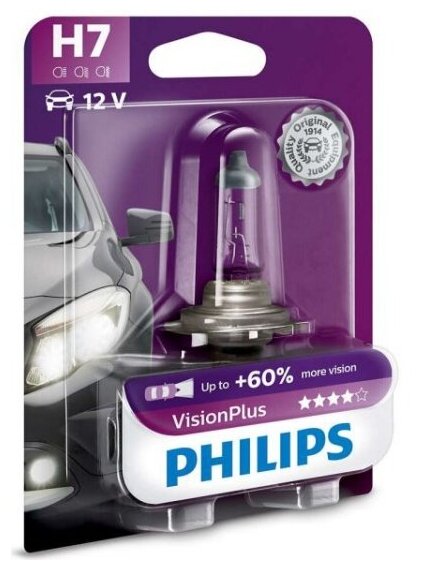 Лампа автомобильная Philips VisionPlus H7 55W PX26d+60% (бл.) 12V, 1шт, 12972VPB1