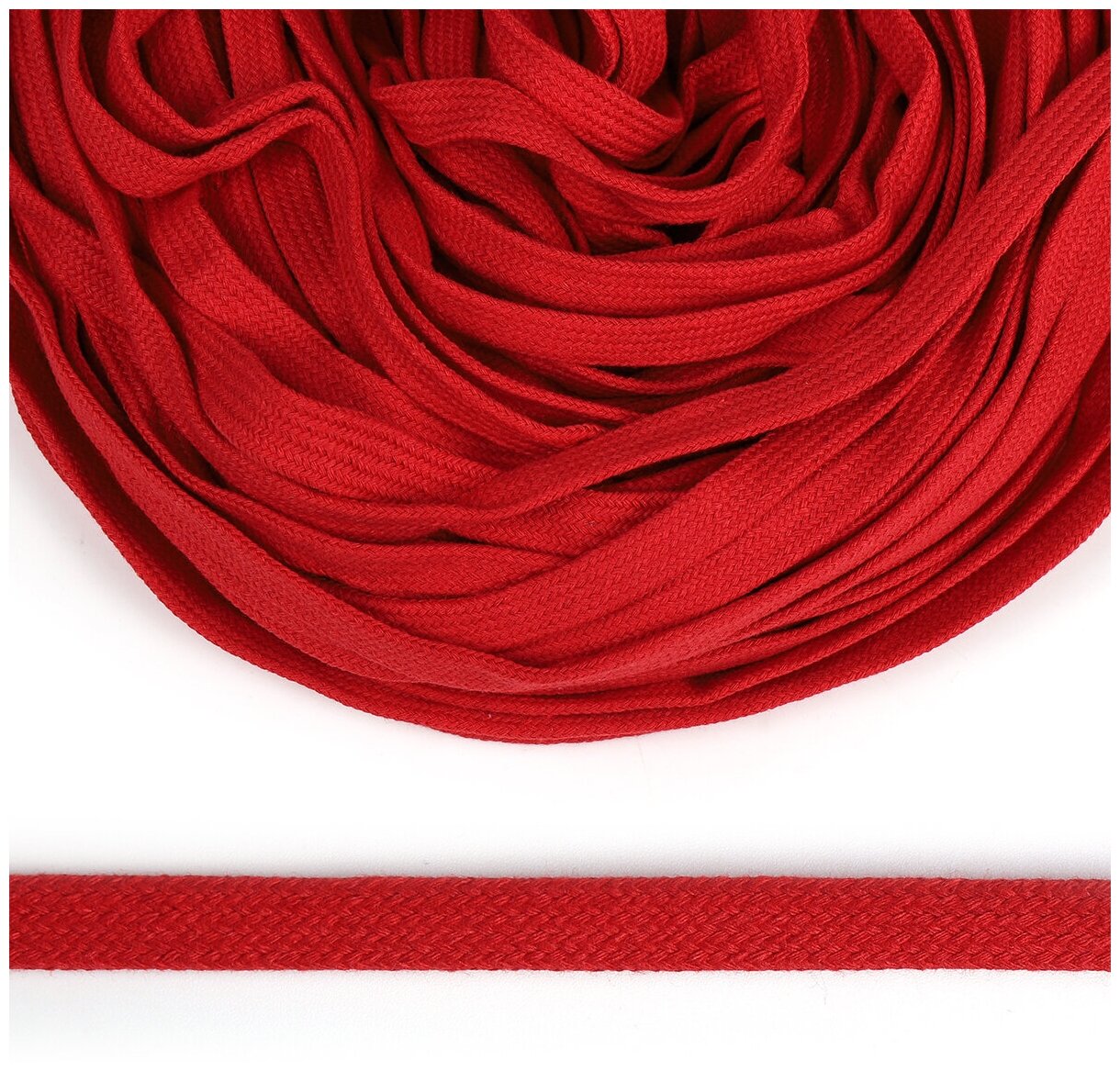 Шнур плоский х/б 10мм классическое плетение цв.012 красный уп.50 м
