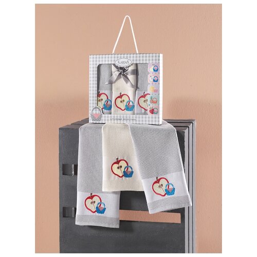 фото Кухонные полотенца "karna. panier", вафельные, 45x65 см, 3 штуки, цвет бежевый, серый