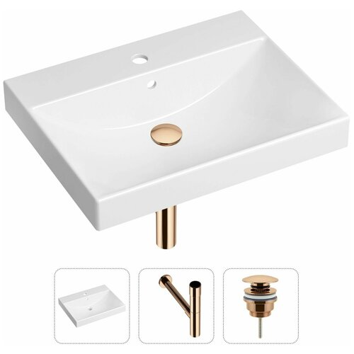 Врезная раковина в ванную Lavinia Boho Bathroom Sink 21520573 в комплекте 3 в 1: умывальник белый, донный клапан и сифон в цвете розовое золото