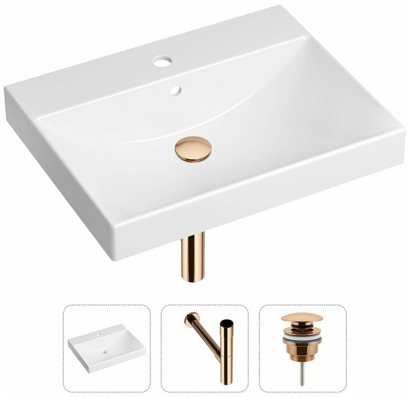 Врезная раковина в ванную Lavinia Boho Bathroom Sink 21520573 в комплекте 3 в 1: умывальник белый, донный клапан и сифон в цвете розовое золото