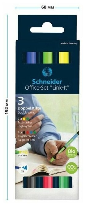 Набор двухсторонний, шариковая ручка + текстовыделитель Schneider Link-It 04цв, 1,4мм/4мм, картонная упаковка, европодвес