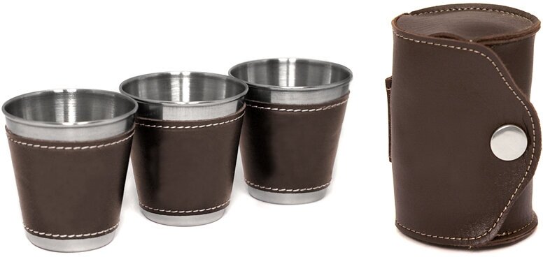 фото Набор стаканчиков походный (3 шт), нержавеющая сталь, 80 мл, чехол - искуственная кожа.
