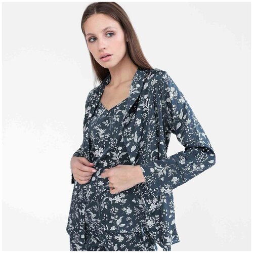 фото Рубашка женская, домашняя, р. s, с длинным рукавом, полиэстер, темно-синяя, цветы, mona kuchenland