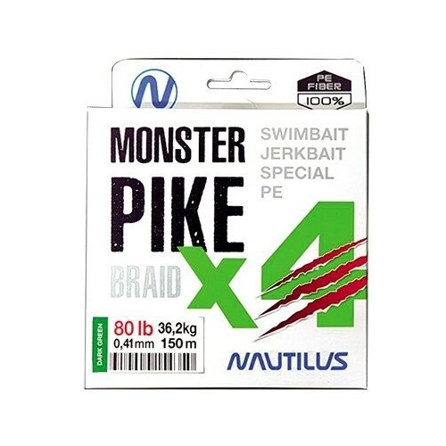 Шнур Nautilus Monster Pike Braid X4 Dark Green d-0.38 31.7кг 70lb 150м