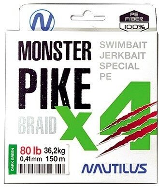 Шнур Nautilus Monster Pike Braid X4 Dark Green d-0.38 31.7кг 70lb 150м