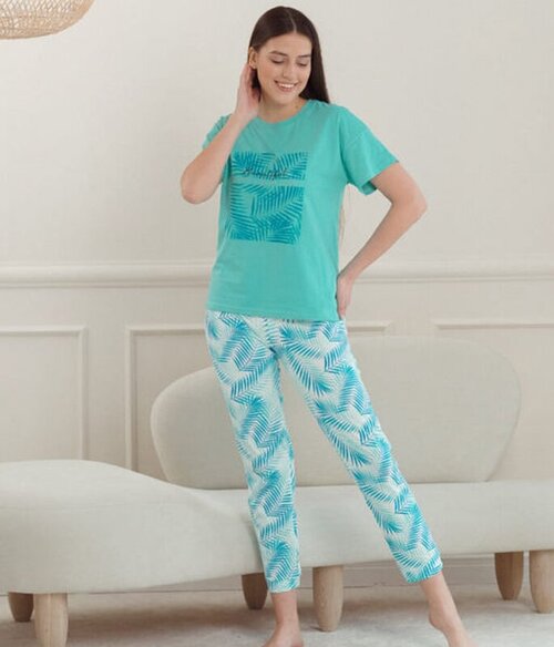 Пижама Глория Трикотаж, футболка, брюки, короткий рукав, пояс на резинке, размер 48, бирюзовый