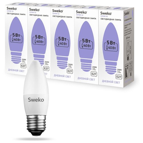 фото Лампа светодиодная sweko e27, c35, 5вт 6500k 42led (упаковка 5 шт)
