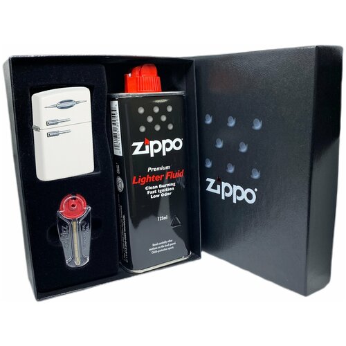 Подарочный набор ZIPPO ( Зажигалка ZIPPO 49636 Retro Fridge Design, белая, с покрытием White Matte + кремни + топливо, 125 мл )