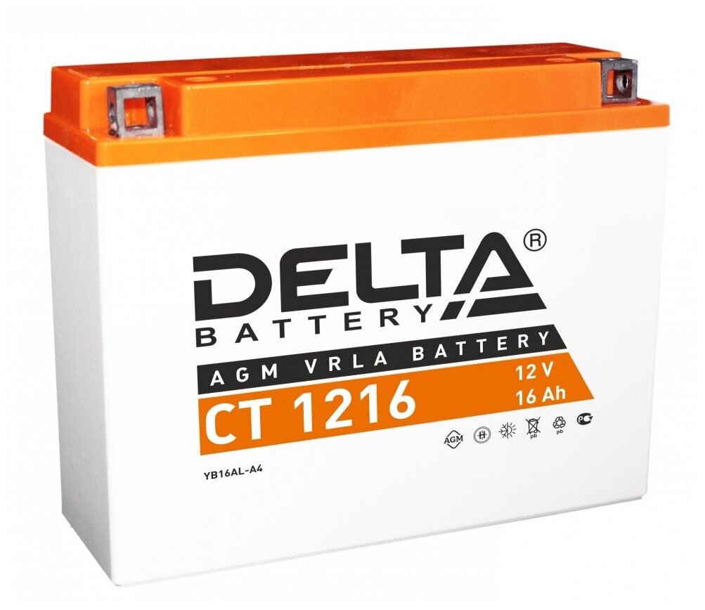 Аккумулятор для мотоцикла и скутера Delta CT1216.1 12V 16 А/ч 230 А прям. пол. залит/заряжен YTX16-BS, YB16B-A (151х88х164) AGM