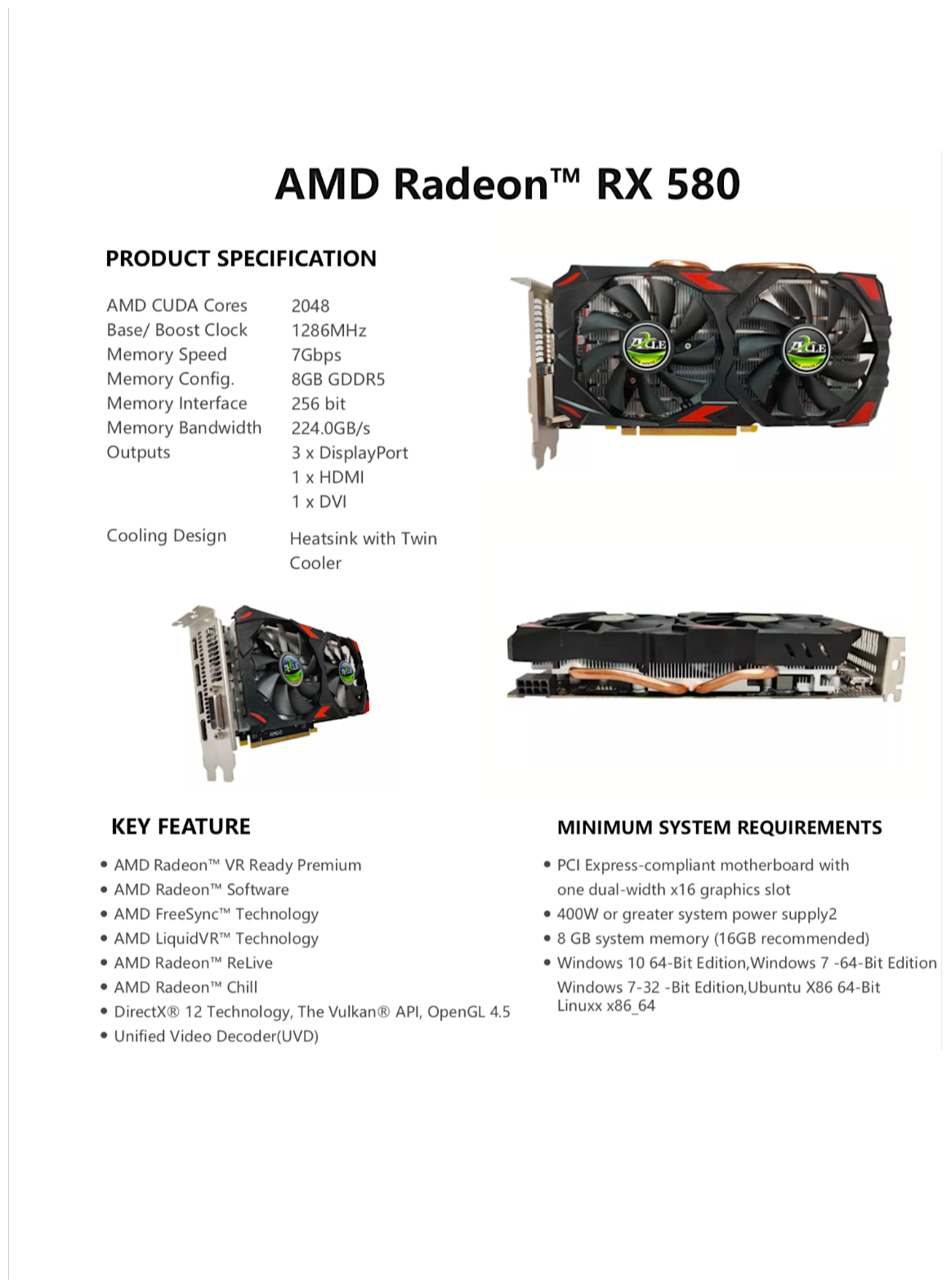 Видеокарта Radeon RX 580 8Gb GDDR5 (AXLE) игровая для ПК