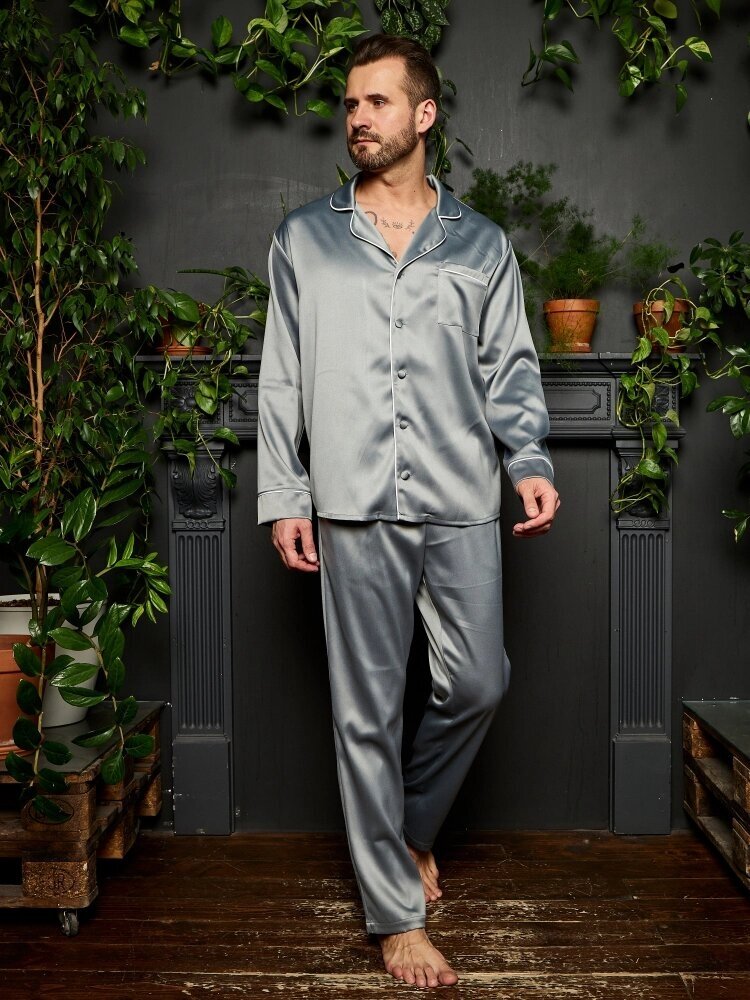 Пижама мужская из шелка с брюками и рубашкой как у Бо, цвет серый, размер 48 - фотография № 2