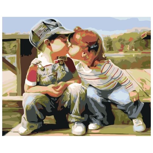картина по номерам робкий поцелуй 40x50 см Картина по номерам Детский поцелуй, 40x50 см