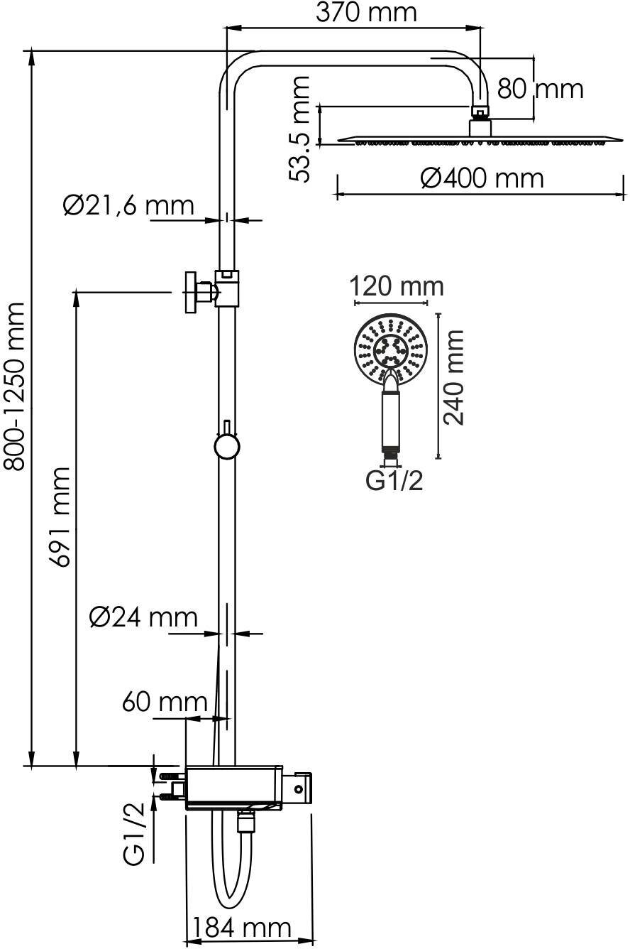 Душевой комплект с термостатическим смесителем, хром, WasserKRAFT A113.117.058. CH Thermo