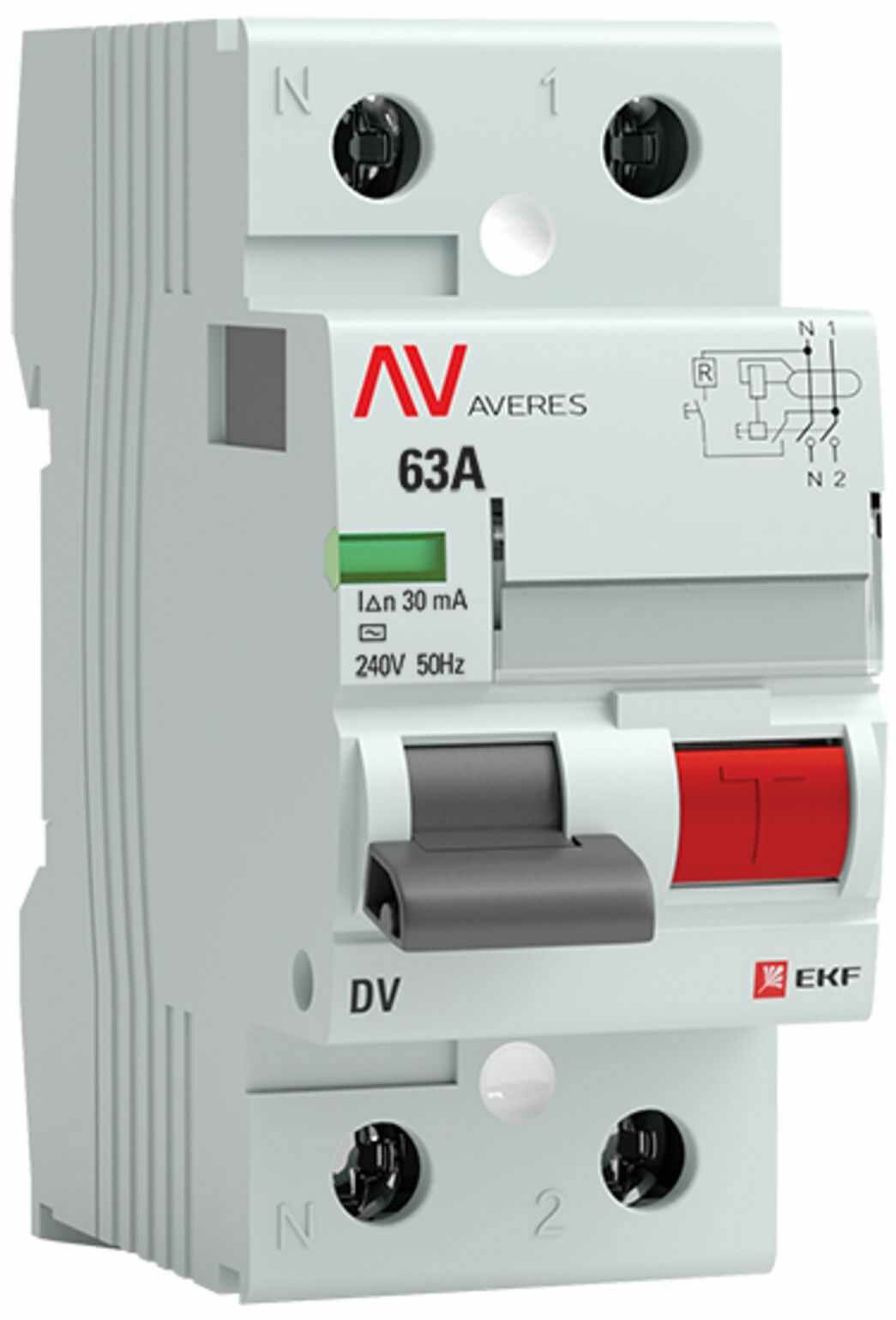 УЗО EKF Averes DV 2P 63 A 30 мА 10 кА AC rccb-2-63-30-ac-av