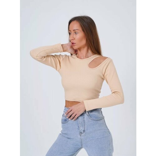 Топ с вырезом, с длинными рукавами, в рубчик, размер XL, бежевый