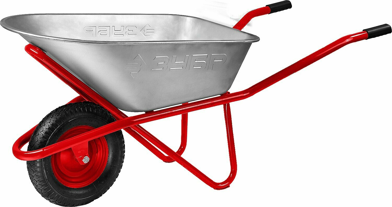 фото ЗУБР Т-12, 90 л, 180 кг, одноколесная, оцинкованная сталь, стальная опора, строительная тачка (39960)