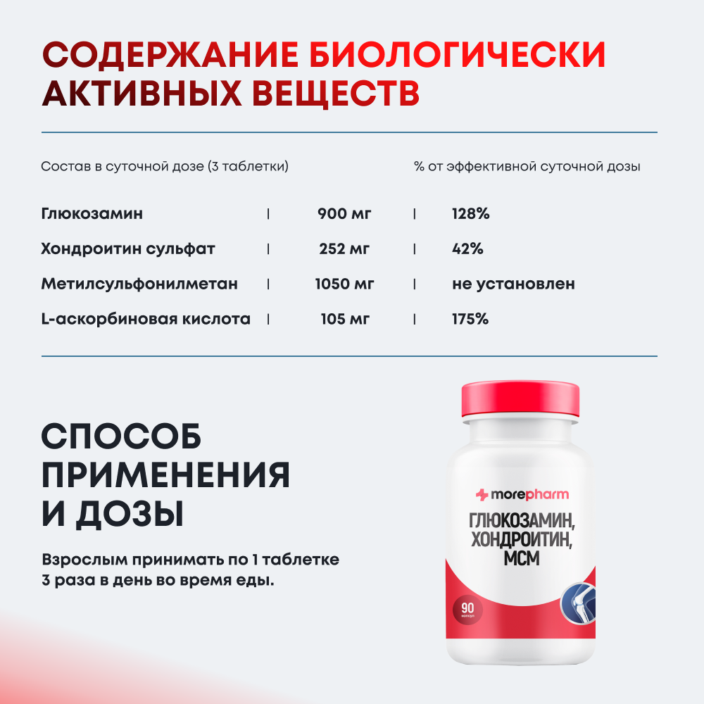Хондропротекторы БАД Morepharm "Глюкозамин Хондроитин МСМ", для суставов и связок, капсулы, 90 штук