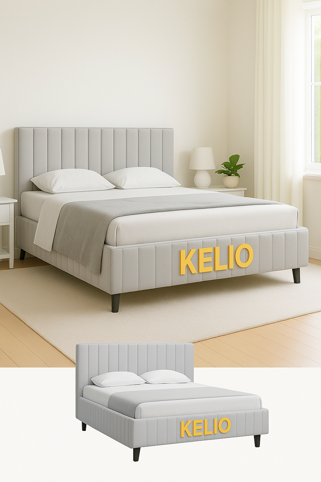 Кровать двуспальная 140х200 Kapri с мягким изголовьем, ортопедическим основанием и ножками, светло-серый