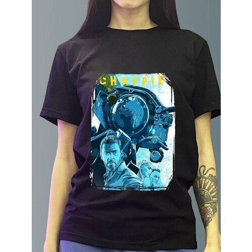 фото Футболка женская черная из хлопка с dtf рисунком робот по имени чаппи - 4074 будь на стиле