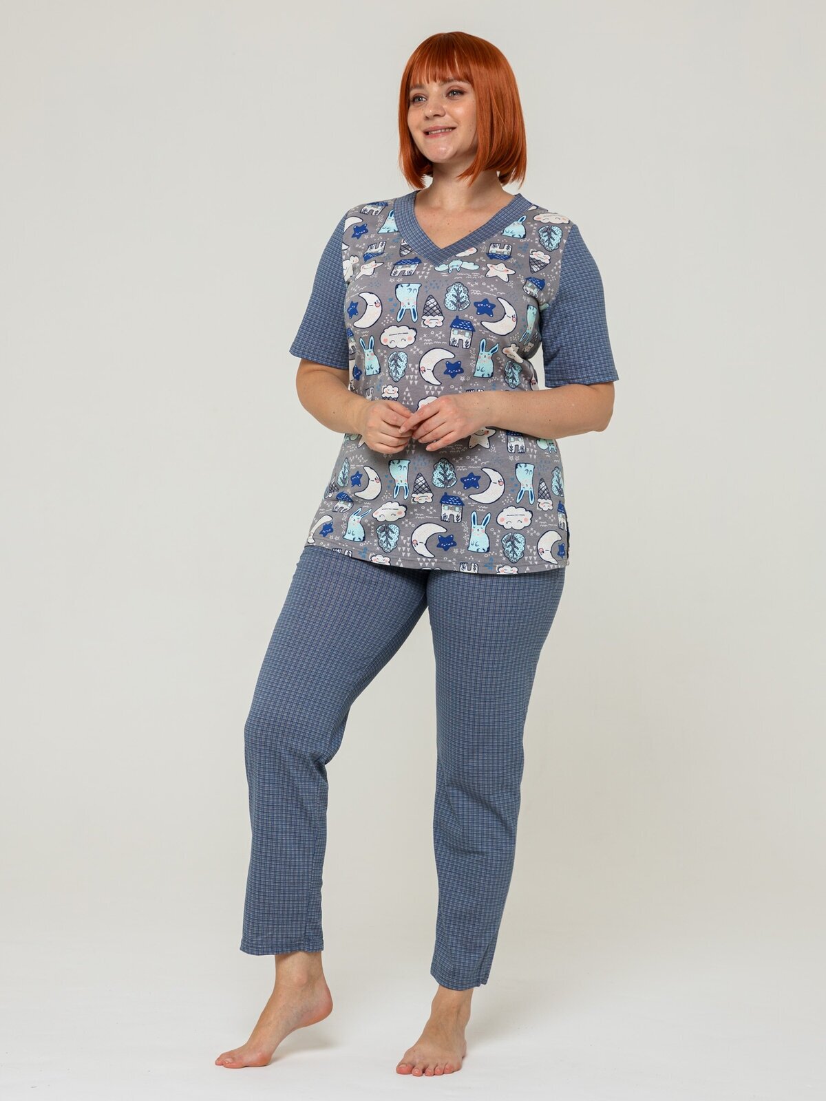 Пижам женская Алтекс с футболкой и штанами сине-серый, размер 50 - фотография № 2