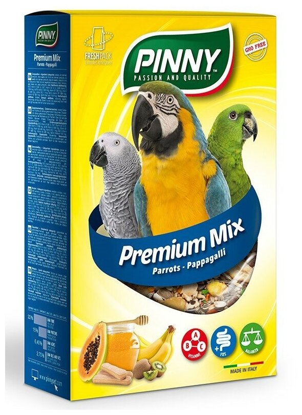 PINNY Premium Menu полнорационный корм для средних крупных попугаев Фрукты бисквиты и витамины 700 г.