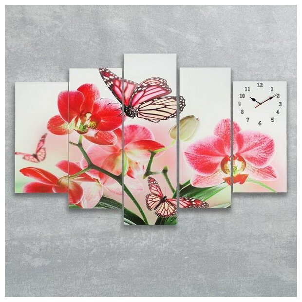 Часы настенные, модульные, серия: Цветы, "Орхидеи и бабочка", 80х140 см