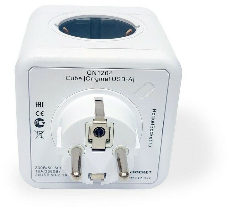 GN1204 Разветвитель Cube Original 4 Euro 16A, 2 USB A с блоком 5В/2.1А RocketSocket, цвет белый-серый Ливолотач - фотография № 7