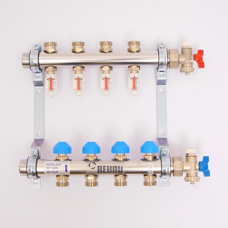 Коллекторная группа из нержавеющей стали с термостатическими вентилями и расходомерами REHAU 1"x3/4" 4 выхода