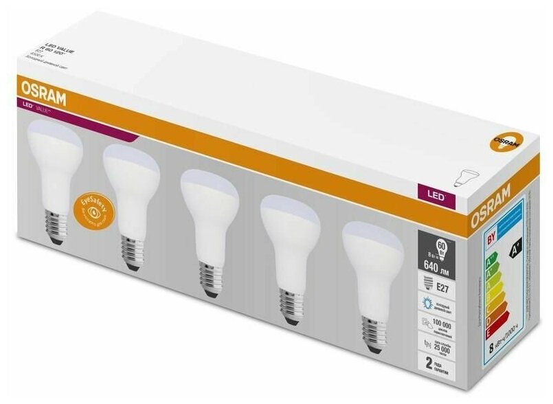 Лампочка светодиодная OSRAM Экопак Рефлектор Гриб R63 E27 8Вт 220В 6500К Холодный белый, (5шт/уп), упаковка 1шт - фотография № 4