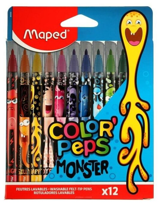 Maped Фломастеры 12 цветов Maped COLOR'PEPS MONSTER, смываемые, с заблокированным пишущим узлом, в картонном футляре