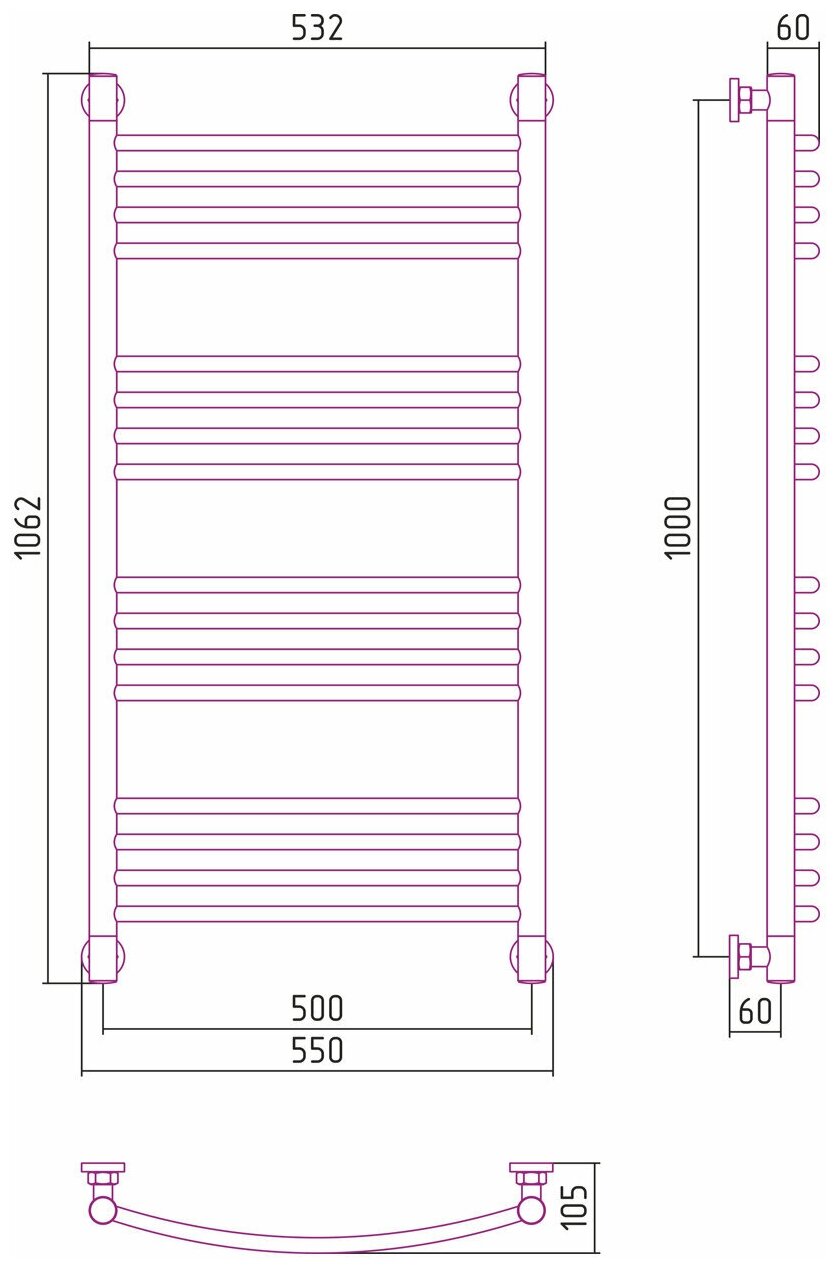 Полотенцесушитель водяной Сунержа ДР "Богема+" 1000х500 (Матовый чёрный), 31-0221-1050 - фото №3