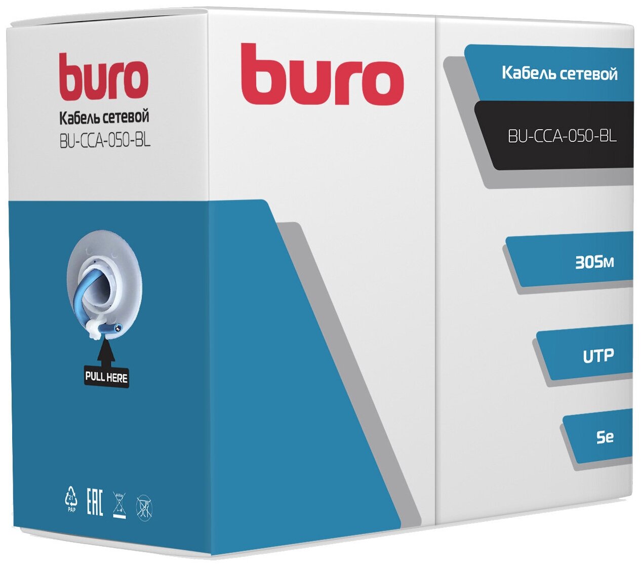 Кабель сетевой Buro BU-CCA-050-BL UTP 4 пары cat5E solid 0.50мм CCA 305м синий