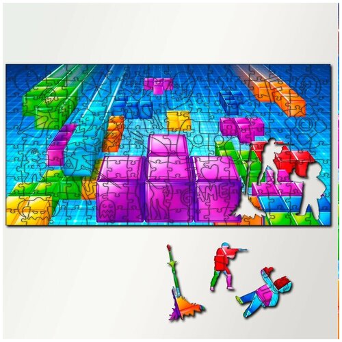 Пазл из дерева с фигурками, 230 деталей, 46х23 см игры Tetris Tetris, Тетрис, головоломка, Сега, 16 bit, 16 бит, ретро приставка - 5662